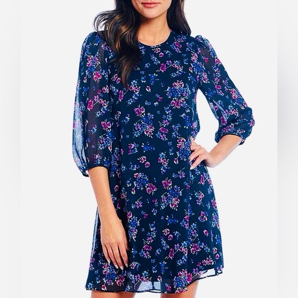 Calvin Klein Chiffon 3/4 Length Balloon Sleeve Keyhole Floral ShiftDress Size 10 - Picture 1 of 5